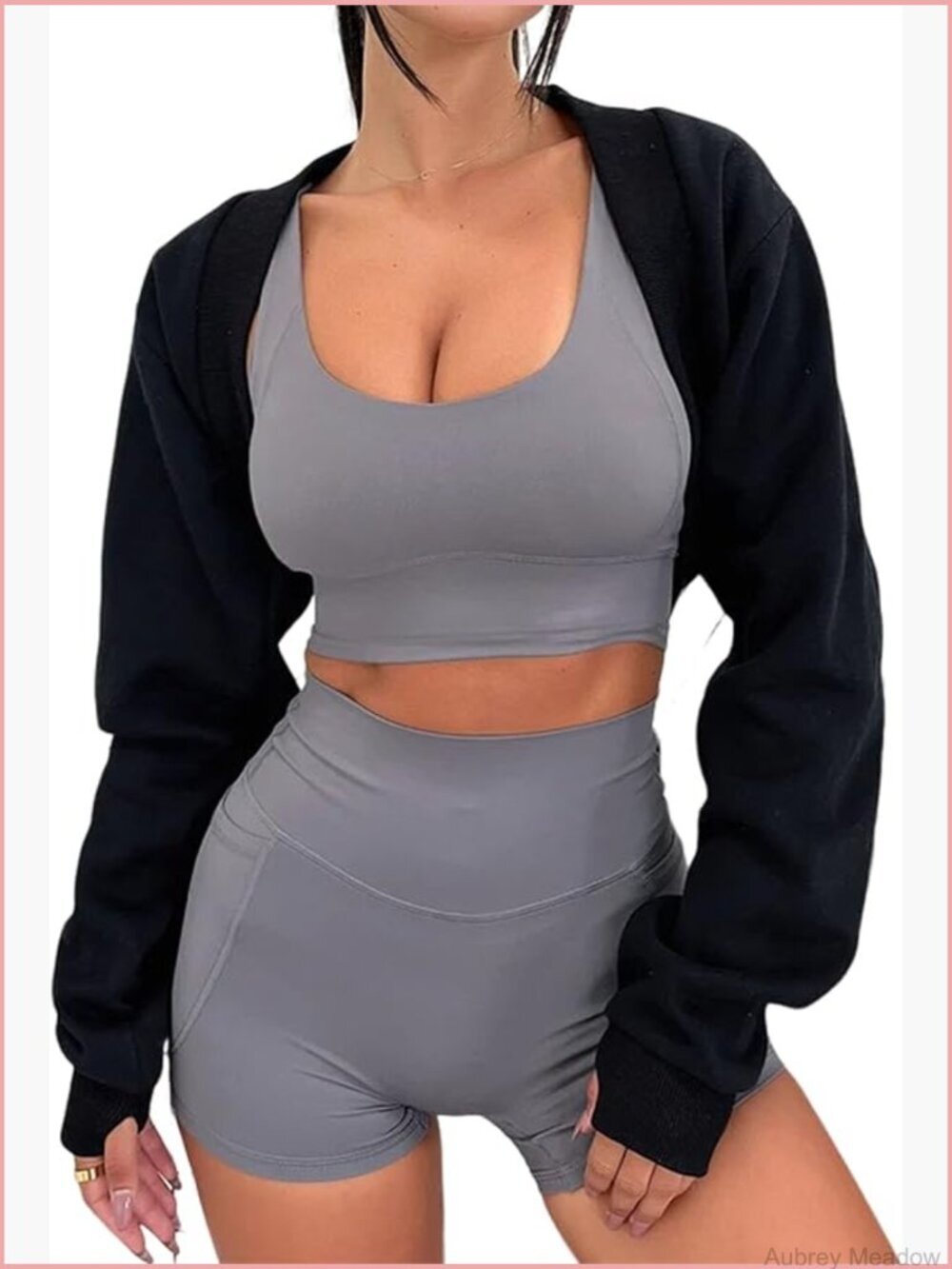 Long Sleeve Thumb Hole Bolero Shrug Open Front Fleece Lined Cropped Sweatshirt